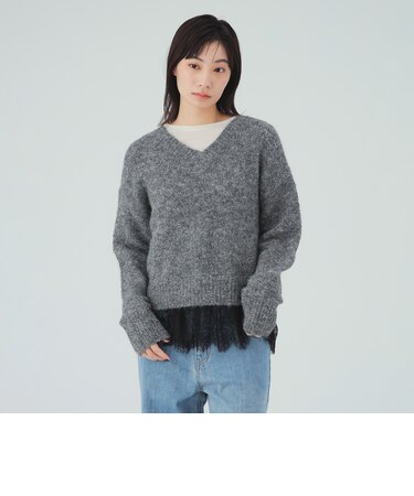 レースVネックニット