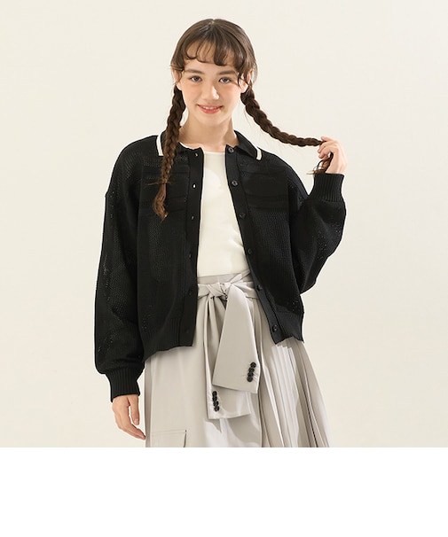 【AMI】ライン衿メッシュカーデ×ロンTセット