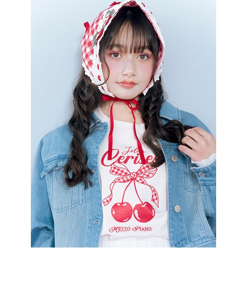 【Cuugal掲載】【接触冷感】袖レースアップリボンチェリーTシャツ