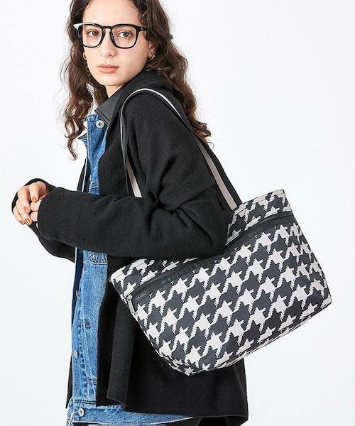 ドンドン2点 TWO HANDLE ZIP TOTE ブラック/ベージュハウンズトゥース