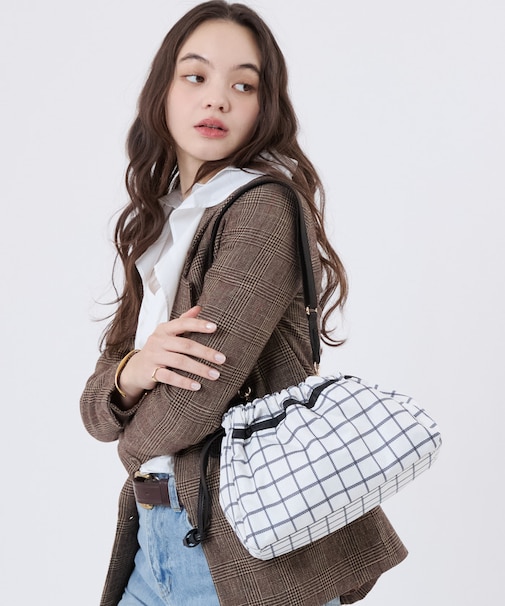 E/W CITY DRAWSTRING BAG  アップタウンモノチェック/ブラック