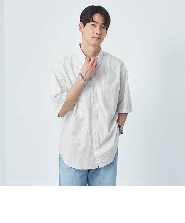 FINE BASIC チェック柄 ボタンダウン 半袖 シャツ -ストレッチ-