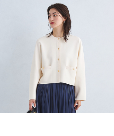 フォルム ゴールドボタン ノーカラー ニット カーディガン -ウォッシャブル-