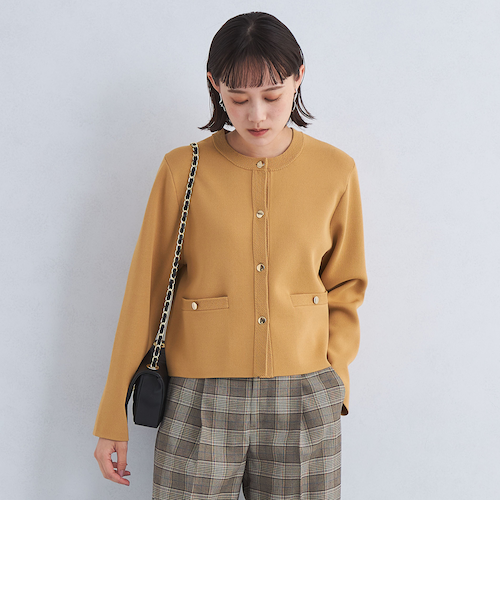 フォルム ゴールドボタン ノーカラー ニット カーディガン