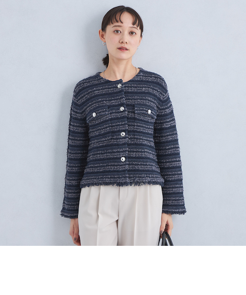 極美品✨FOXEY　ミックスツイードノーカラージャケット　ビジューボタン　38 ミックスツイードライク ポケット ノーカラー ニット ジャケット
