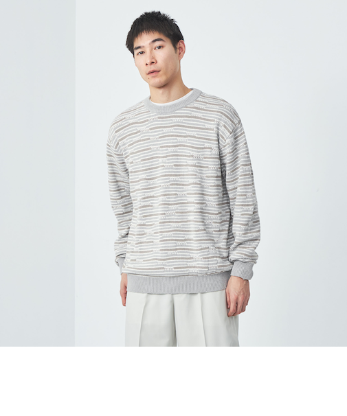 タテトビ ジャカード ボーダークルーネック ニット