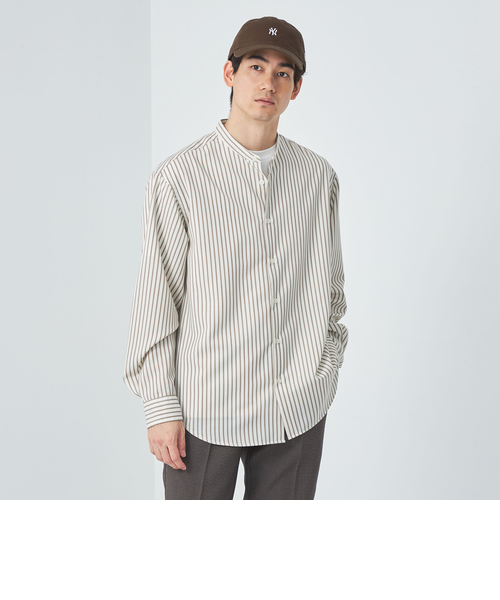 ウォッシャブル ビエラ ストライプ バンドカラー 長袖 シャツ -防シワ