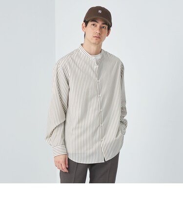 ウォッシャブル ビエラ ストライプ バンドカラー 長袖 シャツ -防シワ 