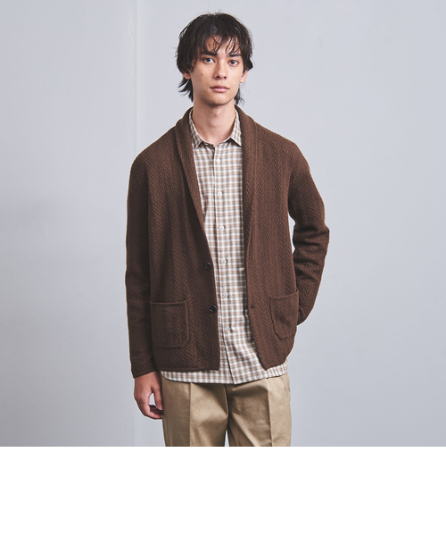 ウールリネン ヘリンボーン ショールカラー カーディガン