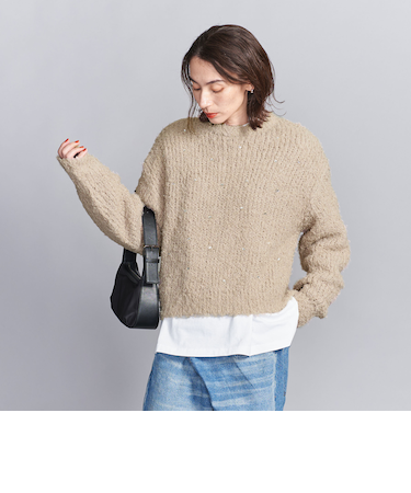 ビジュー×フェザーヤーン クルーネックニット