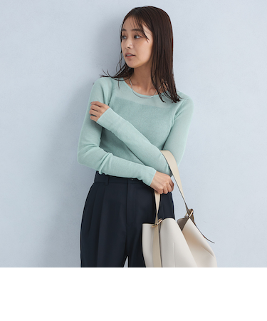 シアー リブ クルーネック ニット プルオーバー -ウォッシャブル-