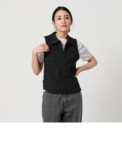 ブークレリブフロントジップノースリーブカットソー