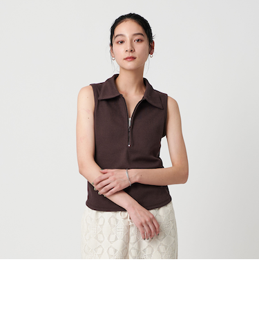 ブークレリブフロントジップノースリーブカットソー