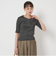 グロッシーラメ ヘンリーネック 5分袖 ニット プルオーバー -ウォッシャブル-