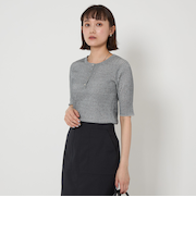 グロッシーラメ ヘンリーネック 5分袖 ニット プルオーバー -ウォッシャブル-