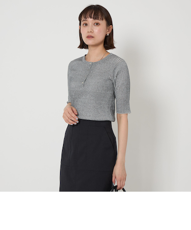 グロッシーラメ ヘンリーネック 5分袖 ニット プルオーバー -ウォッシャブル-