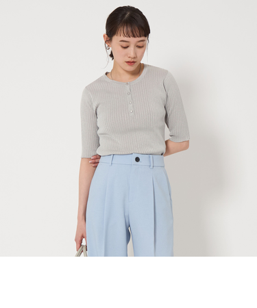 グロッシーラメ ヘンリーネック 5分袖 ニット プルオーバー -ウォッシャブル-