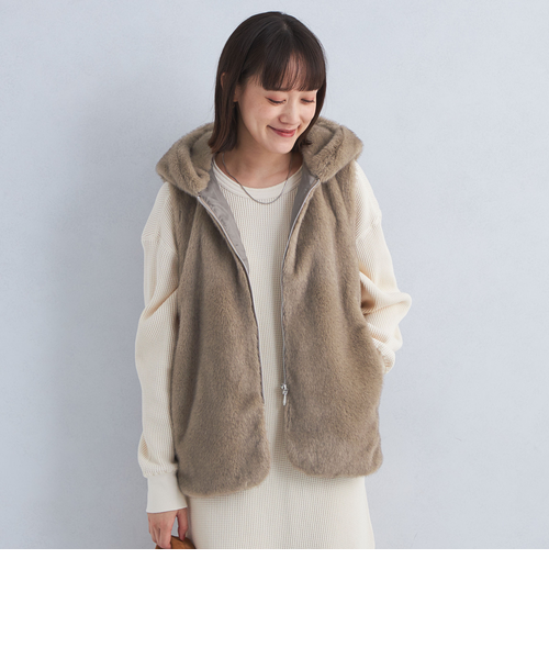 【美品】エコペル フェイクファー フード コート　unitedarrows フェイクファー ノーカラー コート