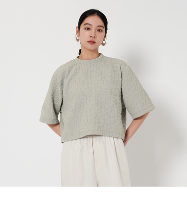 ジャガード クルーネック 6分袖 プルオーバー