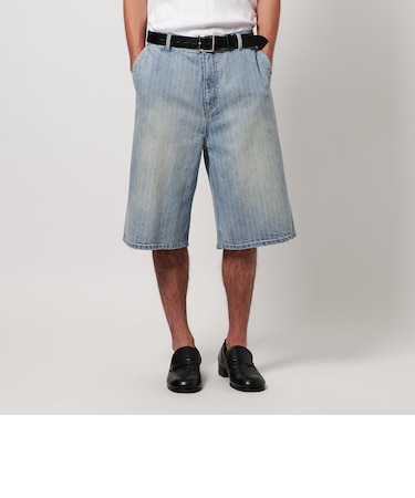 オーバーダイ ドビー ストライプ デニム バギー ショーツ