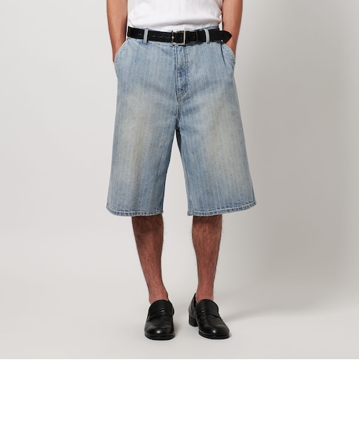 オーバーダイ ドビー ストライプ デニム バギー ショーツ