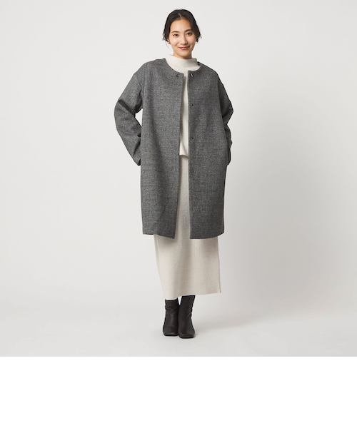 美品 ユナイテッドアローズ ウールカシミヤ ノーカラーロングコート◆ブラウン カシミヤブレンド ノーカラーコート ＜A DAY IN THE LIFE