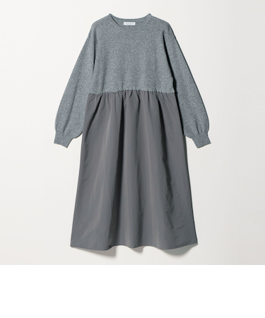 ニット×タフタ コンビギャザー ワンピース グレー‐ウォッシャブル‐ <A DAY IN THE LIFE>