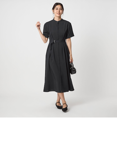 ウエスト ベルト ショートスリーブ ワンピース  -マシンウォッシャブル-