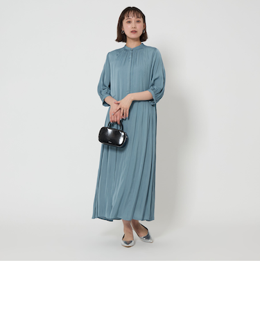 サテン ギャザー ショートスリーブ ワンピース