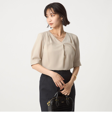 肩タック Vネック ショートスリーブ ブラウス