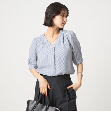 肩タック Vネック ショートスリーブ ブラウス