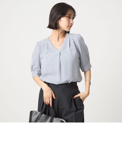 肩タック Vネック ショートスリーブ ブラウス