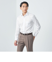 コットン ヘリンボーン ワイドカラー ドレスシャツ -イージーアイロン-