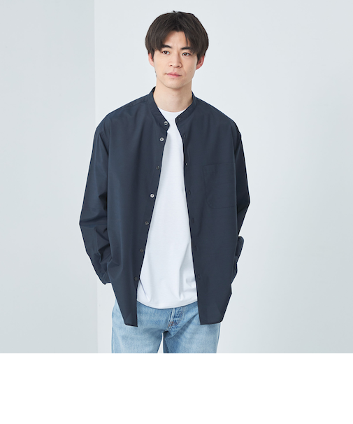 トリアセ シャンブレー バンドカラー シャツ -通気性-