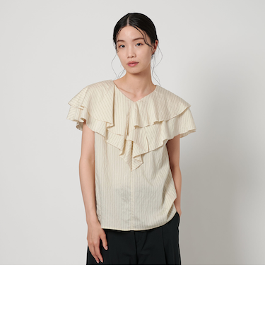 ストライプ レイヤーフリル ブラウス -ウォッシャブル-