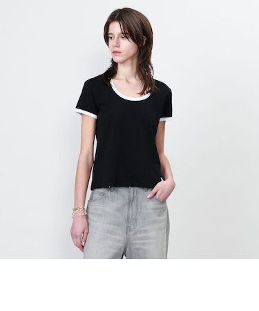 ＜ASTRAET＞コットン フライス トリム UネックTシャツ