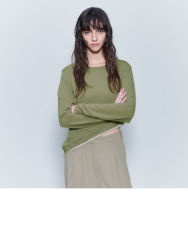 <6(ROKU)>ポリエステル ジョーゼット アシンメトリー クルーネック プルオーバー