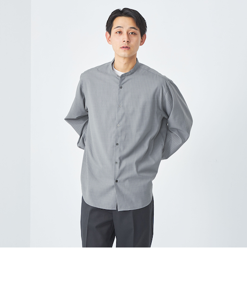 ウォッシャブルトロ ストライプ ジャストルーズ バンドカラー シャツ -ストレッチ・防シワ-