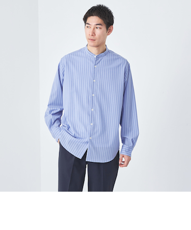 ウォッシャブルトロ ストライプ ジャストルーズ バンドカラー シャツ -ストレッチ・防シワ-