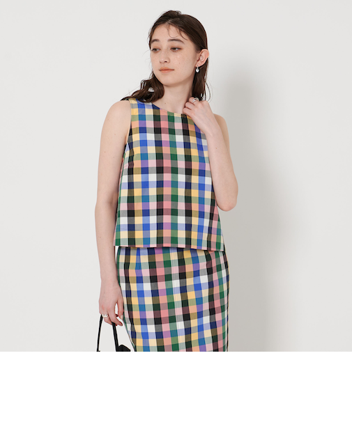 チェック フレアノースリーブ トップス