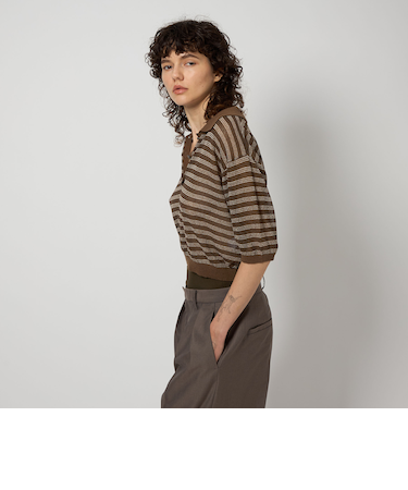 ＜６(ROKU)＞コットン ナイロン ボーダー ポロニット ショートスリーブ