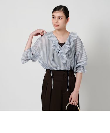 ストライプ ラッフル ハーフスリーブ シャツ