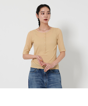 コットンシアーワッフル ヘンリーネック カットソー