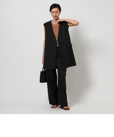 Vノーカラー ロングベスト