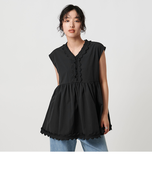 タックプリーツフリル Vネックノースリーブブラウス - UVカット 接触冷感 吸水速乾 ウォッシャブル -