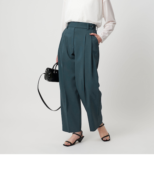 ポリエステルブレンド ワイドタック ベルトパンツ