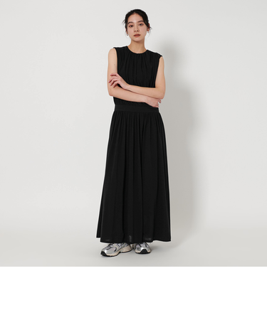 コットンナイロン ギャザーフレア マキシワンピース