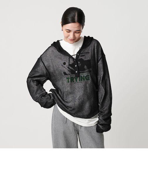 コットンポリエステル  ヘンリーネックフーディ ウォッシャブル