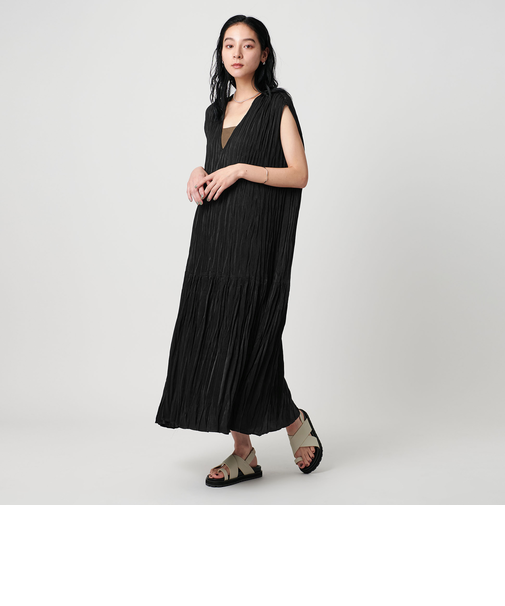ポリエステル プリーツVネックワンピース