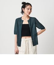 ウールナイロン クルーネックハーフスリーブカーディガン